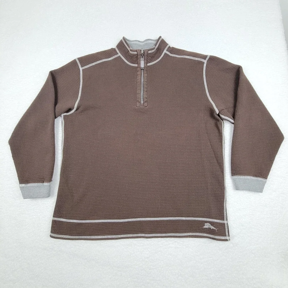 Tommy‎ Bahama Reversible 1/4 Zip Pullover Sweater Mens XL Brown Gray Knit Top